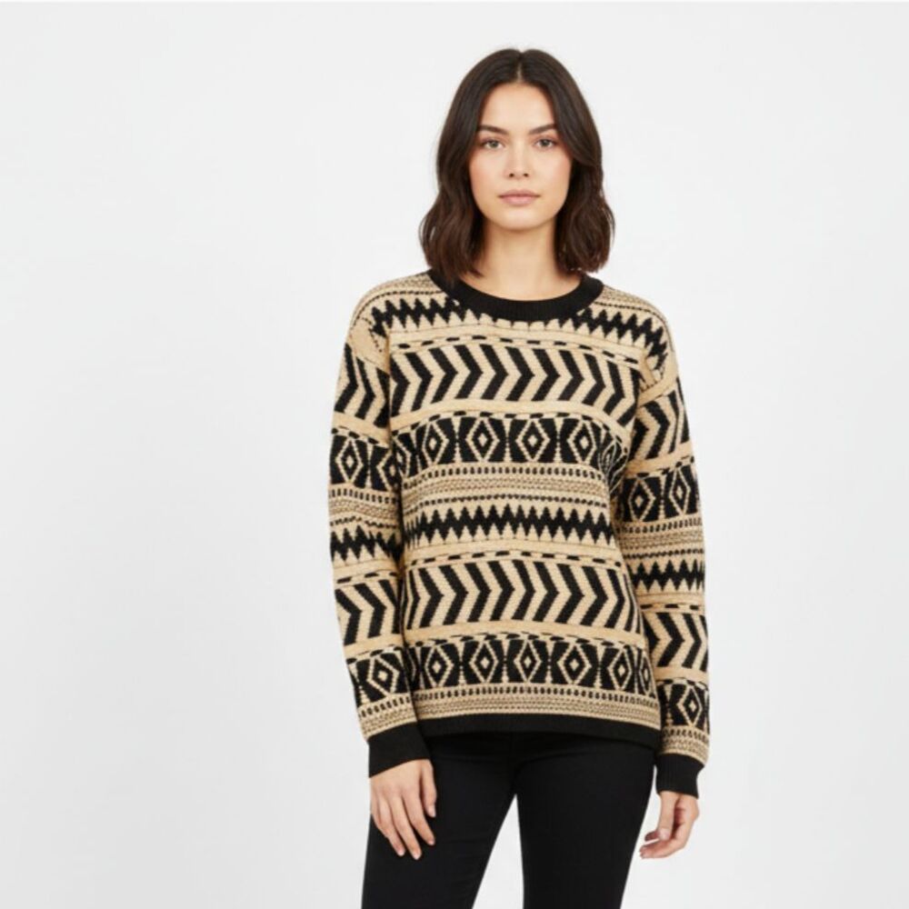 &Merci Tan & Black Long Sleeve Crew Neck Tribal Print Sweater L
